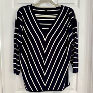 Talbots V-Neck 3/4 Sleeve Striped Navy Knit Sweater Top Women XL Nautical